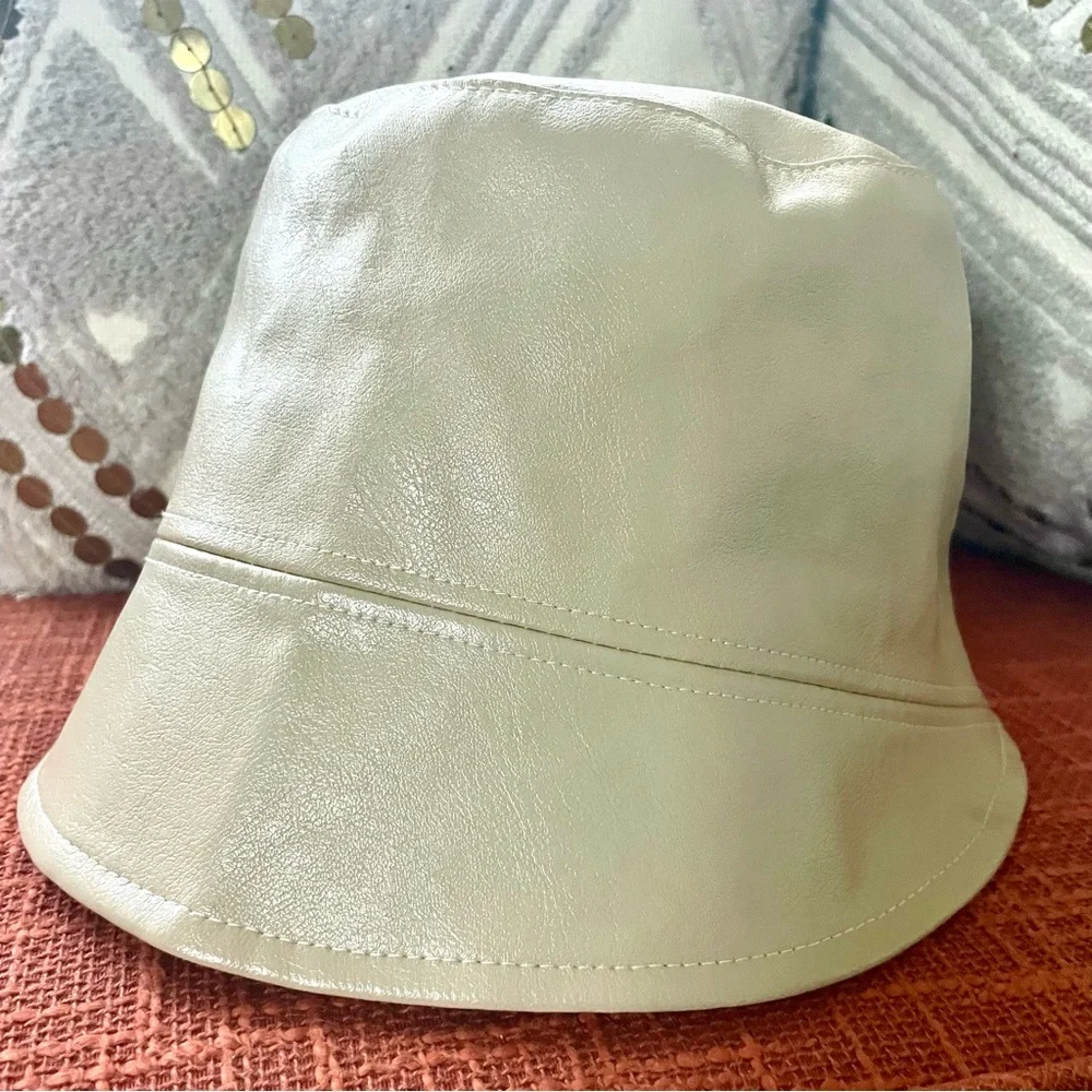 NWT Anthropologie Faux Leather Bucket Hat In Ivory Adjustable